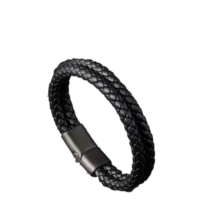 Men's 6mm Leather Braided Wristband with Magnetic Clasp, Black 21cm