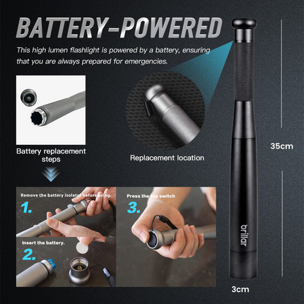 Brillar 35cm Aluminium Torch Flashlight – Black Self Defence Light