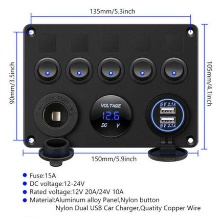 5 Gang Campervan RV 12V LED Light Switch Control Panel Voltmeter USB Charger