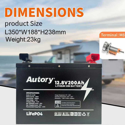 Autory 12.8V 200Ah High-Capacity LiFePO4 Battery - RV Metal Case Mount Bracket