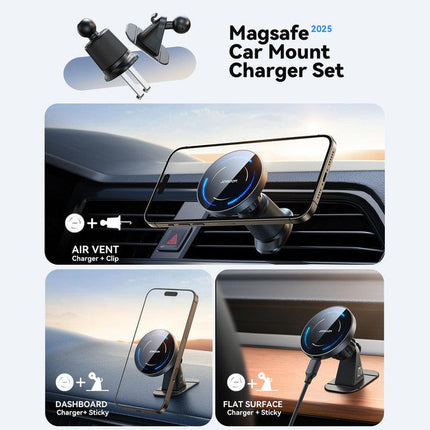 Magnetic Wireless Car Charger 2-in-1 15W, MagSafe, Air Vent & Dashboard Mount