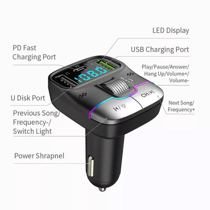 Bluetooth 5.3 Car FM Transmitter Wireless USB PD Fast Charger MP3 Player