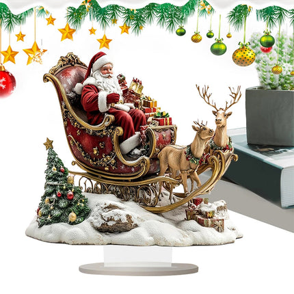 2D Santa & Reindeer Sleigh Flat Acrylic Ornament w/ Stand Desktop Decor
