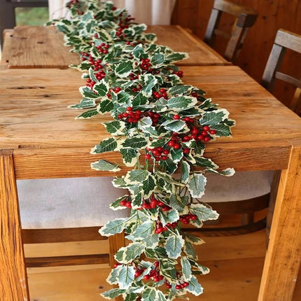2Pcs 2.2M Christmas Holly Garland Fake Red Berries Artificial Greenery