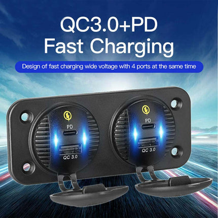 12-24V Car Fast Charger Panel 2x QC3.0 + 2x PD USB-C Ports