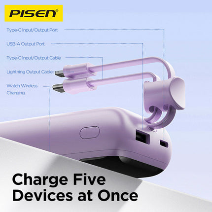 Pisen 10000mAh PD Fast Charging Power Bank 22.5W, Built-in Cable, CCC Certified