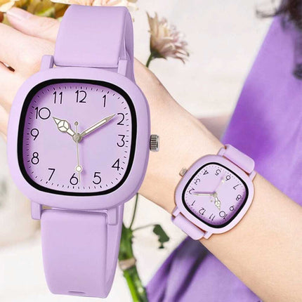 Fashion Purple Silicone Quartz Watch for Women, Stainless Steel Case