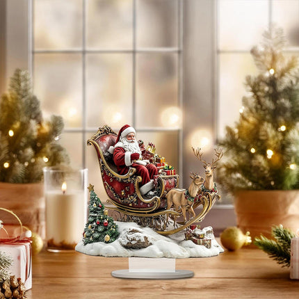 2D Santa & Reindeer Sleigh Flat Acrylic Ornament w/ Stand Desktop Decor