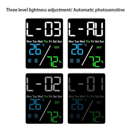 3 Color LED Digital Wall Clock Time Temperature Humidity Display
