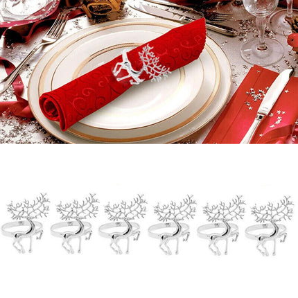 6X Silver Deer Christmas Napkin Rings Alloy Reindeer Napkin Holders