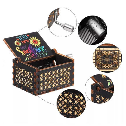 Hand Cranked You Are My Sunshine Music Box Black Engraved Gift