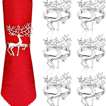 6X Silver Deer Christmas Napkin Rings Alloy Reindeer Napkin Holders
