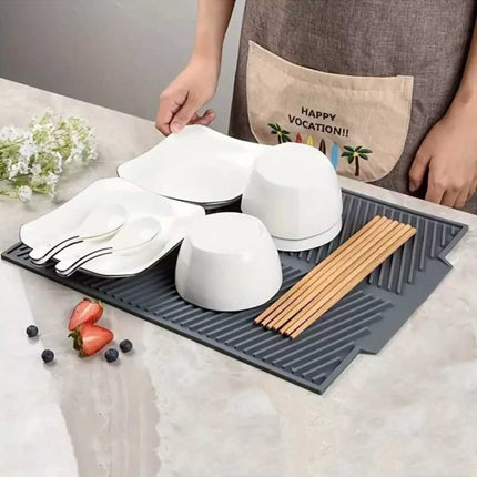 Kitchen Silicone Dish Drying Mat, Grey Draining Tray for Sink