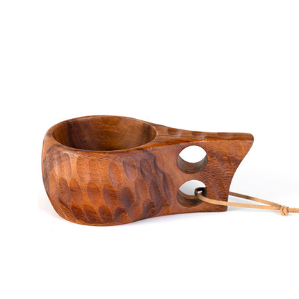 Finnish Kuksa Mug Portable Acacia Wood Handle Cowhide Rope Hook Cup