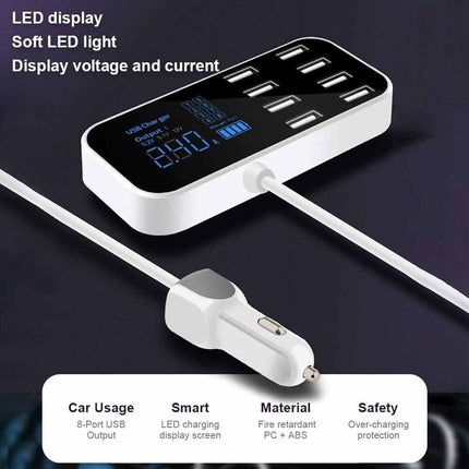 8-Port USB-C Hub Car Charger Dock with LED Display Charging Station