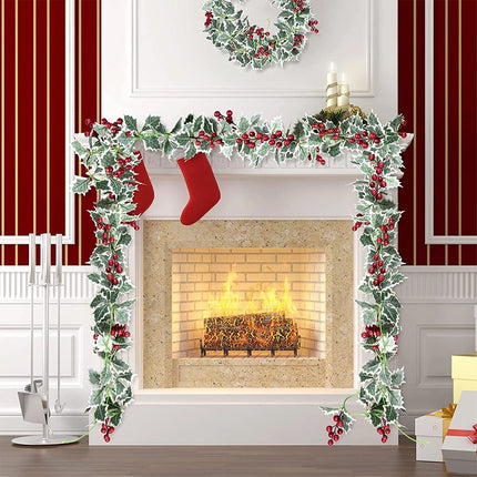 2Pcs 2.2M Christmas Holly Garland Fake Red Berries Artificial Greenery