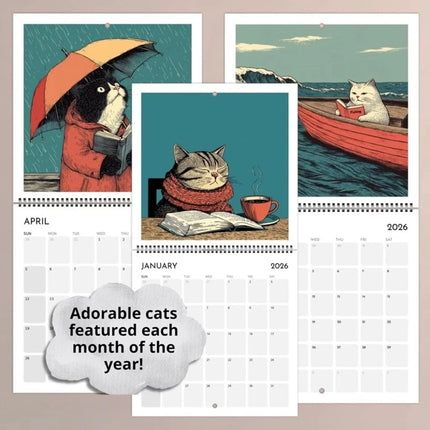 2026 Cats Chillin with Books Wall Calendar Cat Themed Illustration Planner