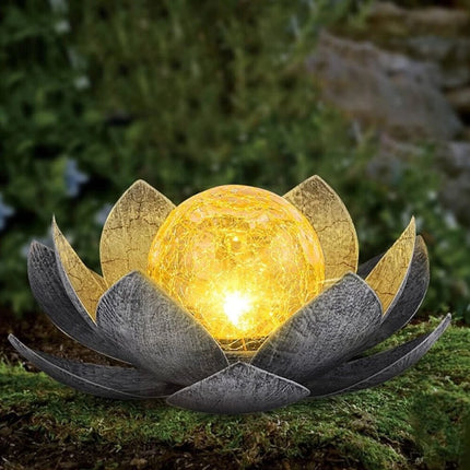 Solar Lotus Flower LED Light, Silver Crackle Glass Ball 28cm Ornament