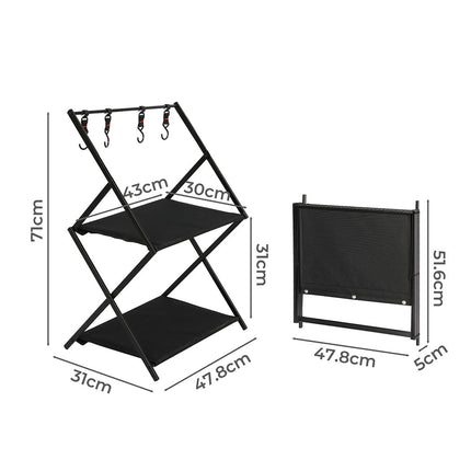 Levede Foldable Camping Storage Shelves 2 Layer with Hooks Black-2018816784416772098
